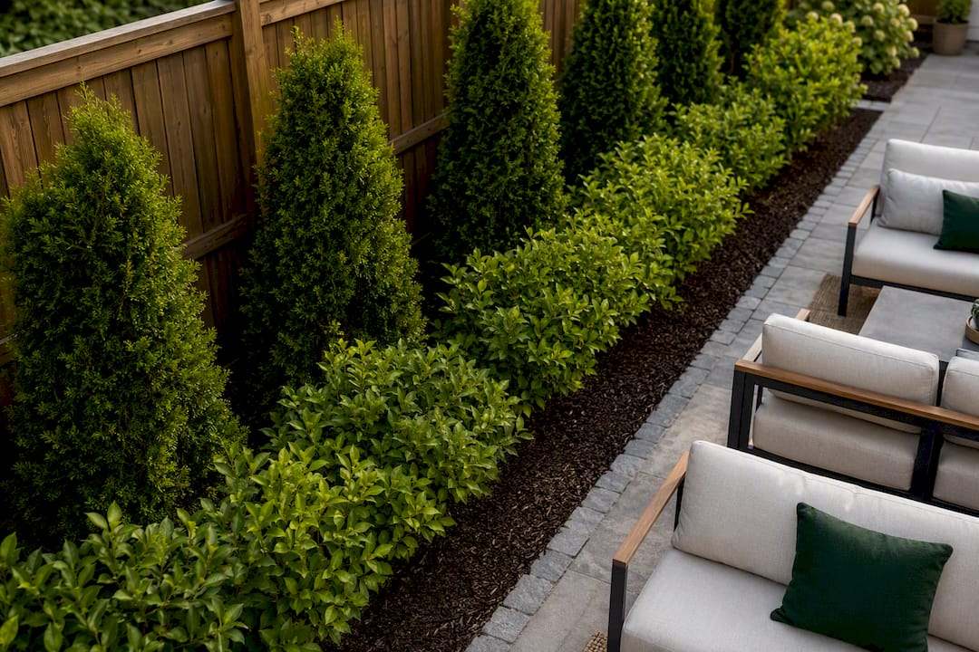 Staggered planting rows forming privacy buffer