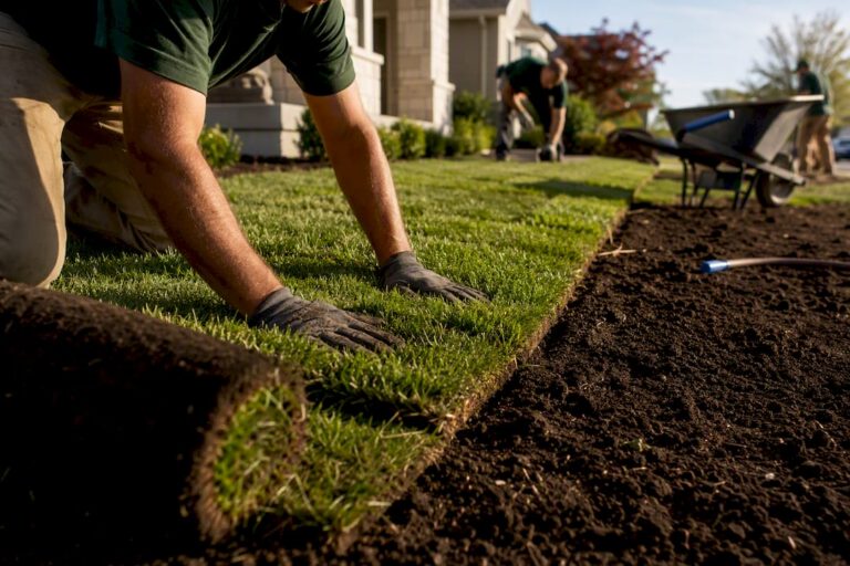 Fresh sod being installed across prepared yard