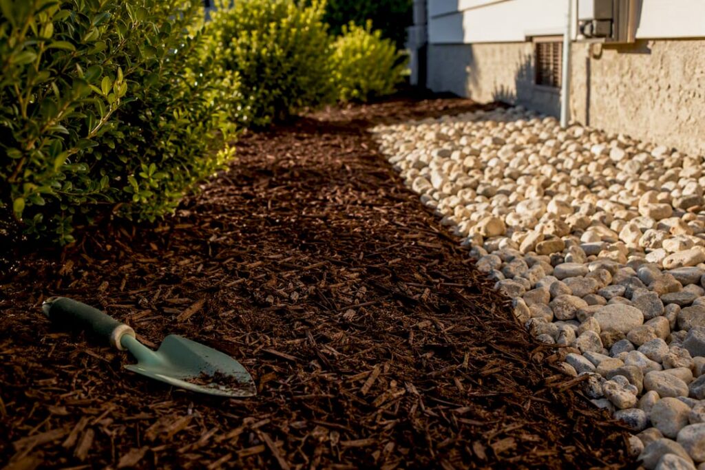Mulch and rock beside residential planting bed