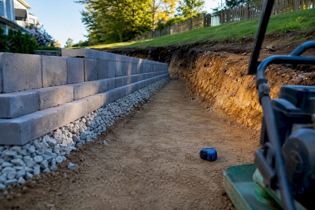 Retaining wall base trench under construction