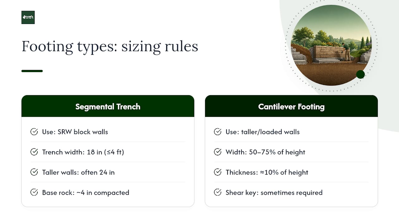 Comparison of retaining wall footing types and dimensions