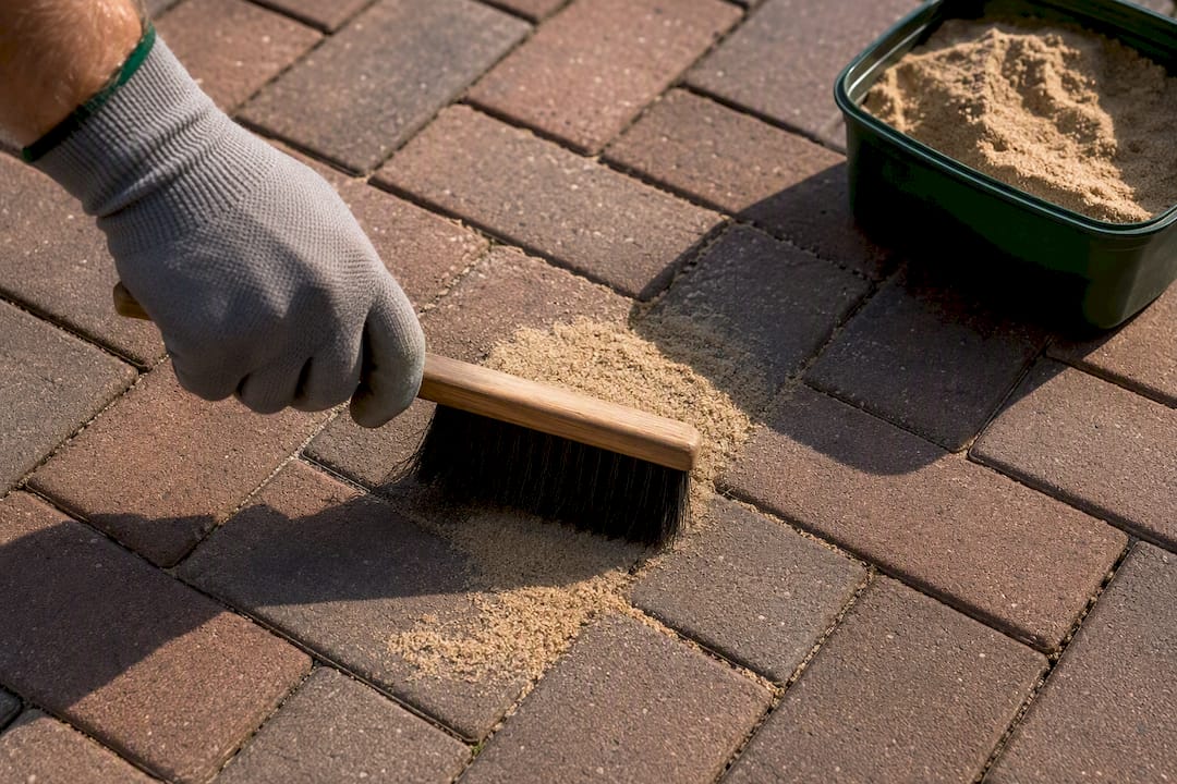 Fresh joint sand being swept between brick pavers
