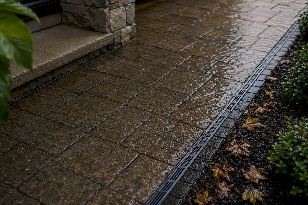 Textured paver walkway with drainage after rain
