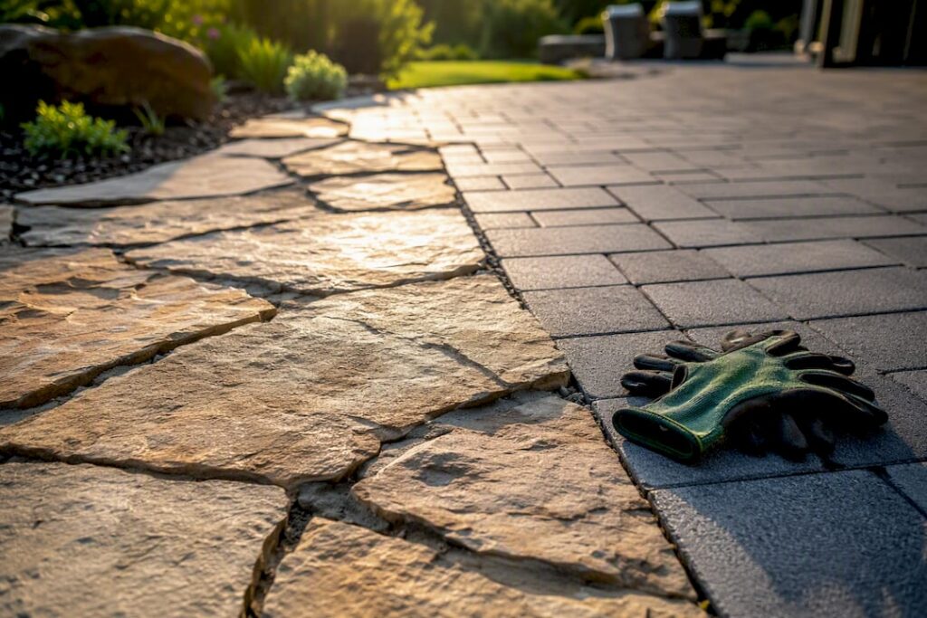 Irregular flagstone beside uniform concrete pavers
