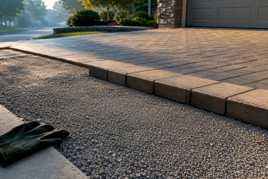 Paver driveway apron with exposed compacted base
