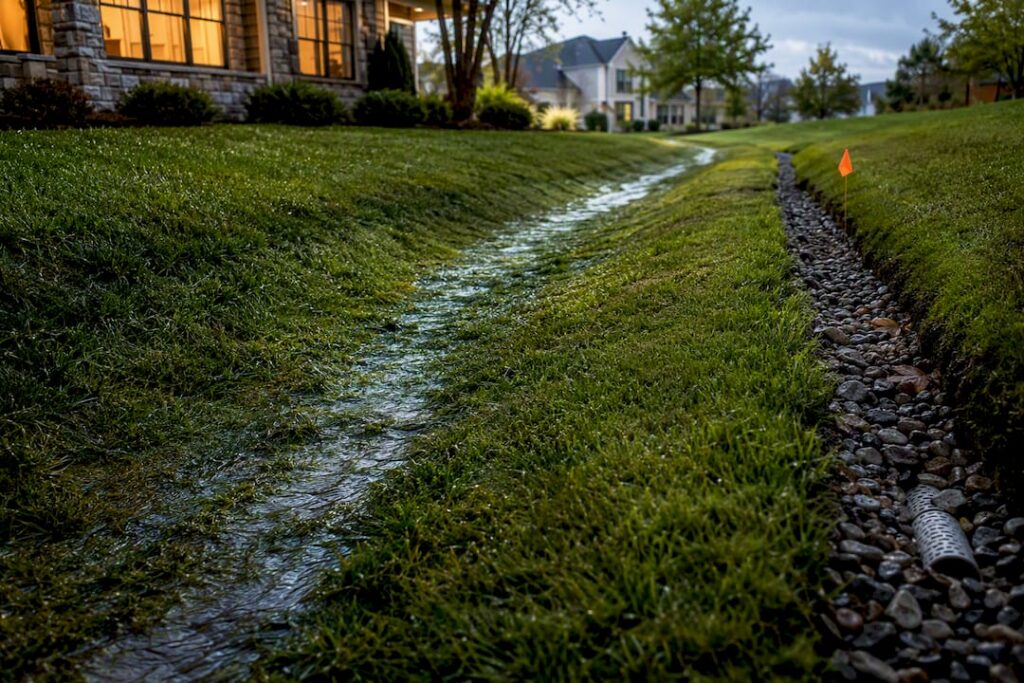 Swale and French drain managing yard water