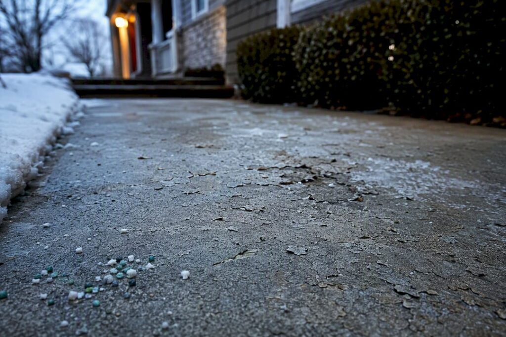 Ice melt granules on damaged concrete