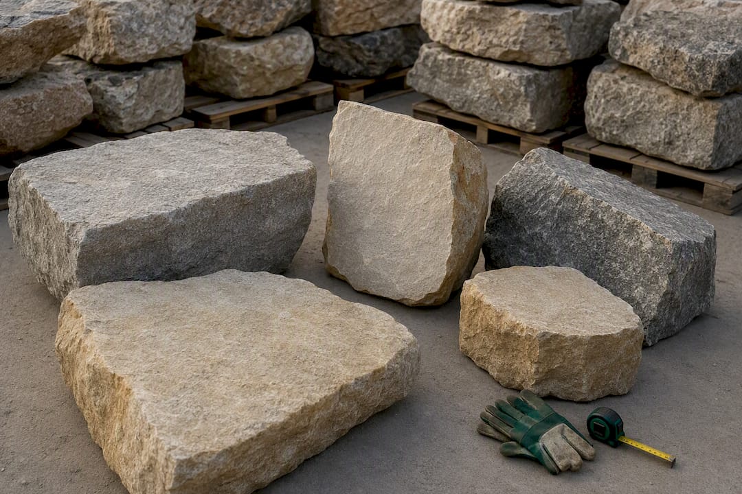 Flat-faced boulders selected for wall stacking