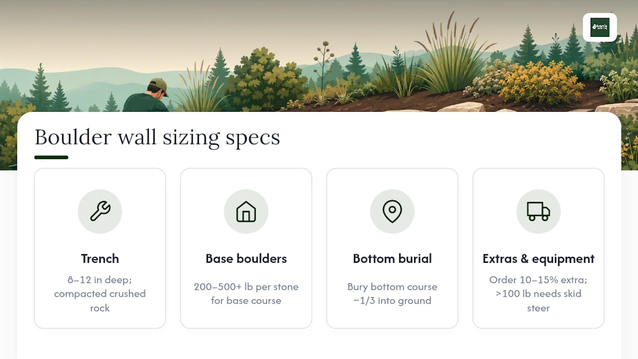 Boulder wall base and stone sizing specifications