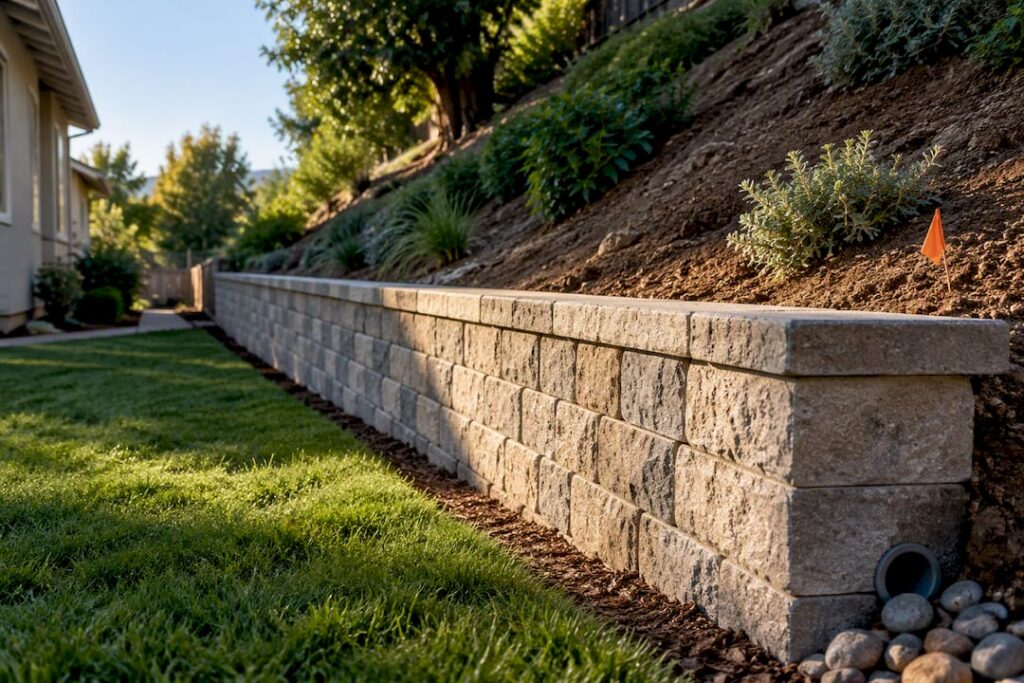 Retaining wall stabilizing a sloped residential yard