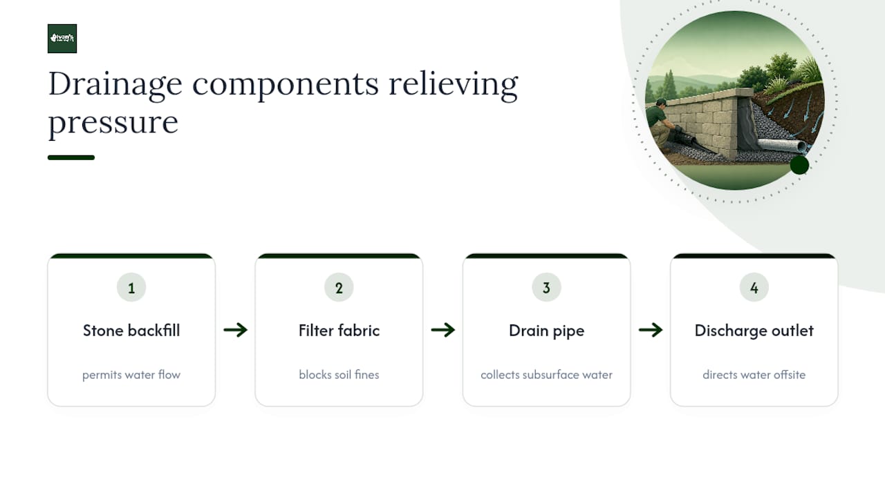 Retaining wall drainage layers and pressure relief