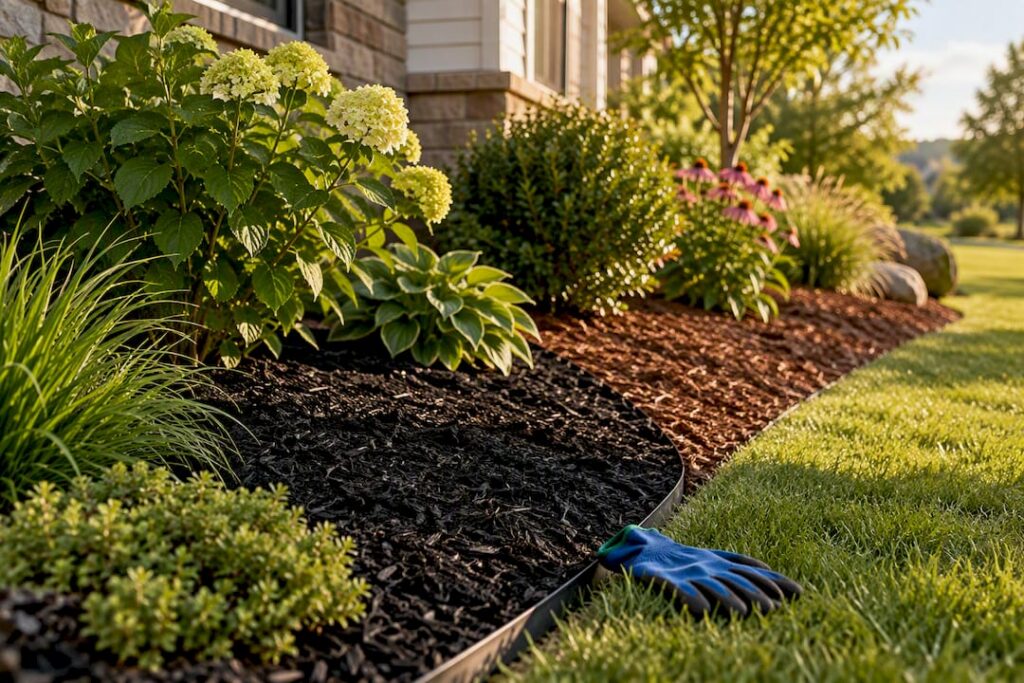 Black and brown mulch in garden beds