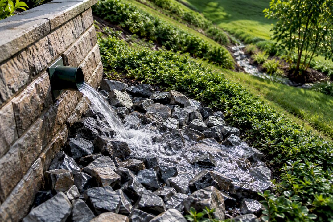 Rock splash pad dispersing wall outlet water