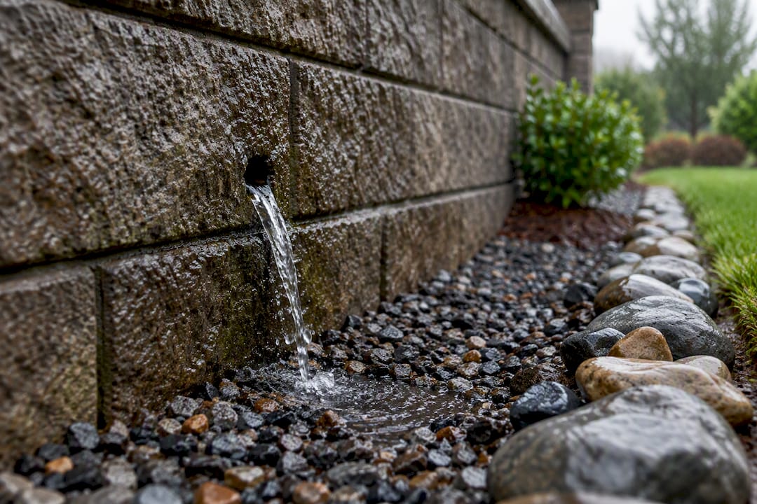 Water flowing from retaining wall weep hole