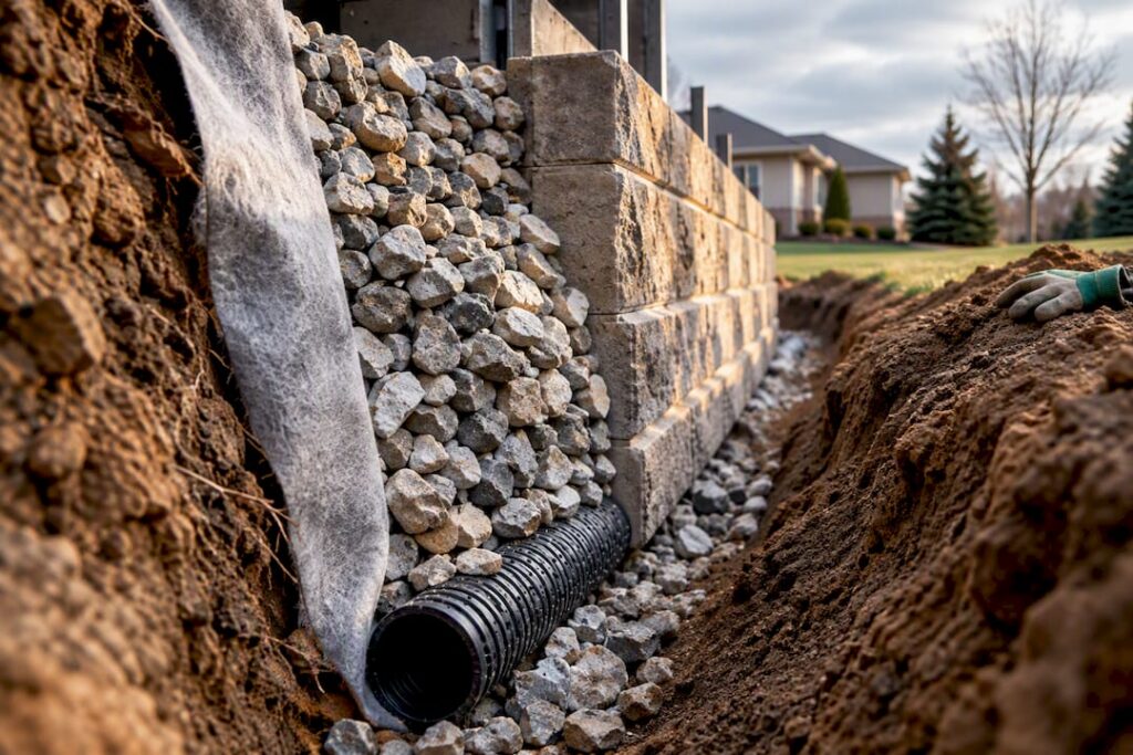 Retaining wall drainage system under installation