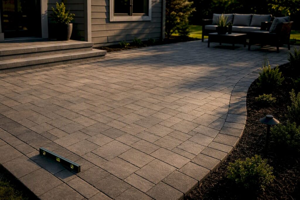 Geometric paver patio pattern in backyard
