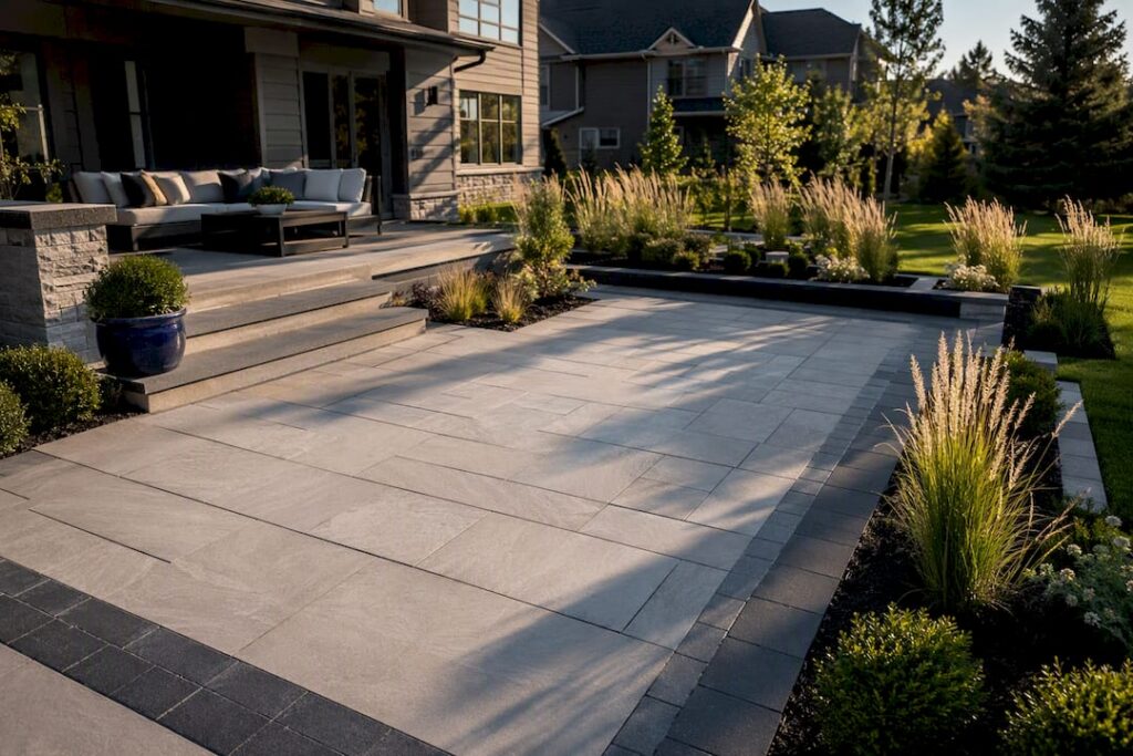 Modern geometric backyard with repeated planting beds