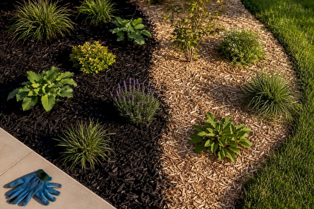 Dyed and natural mulch in garden beds