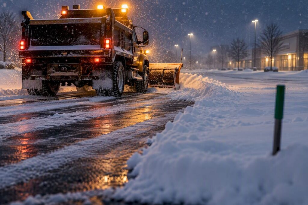Crew clearing commercial parking lot snow