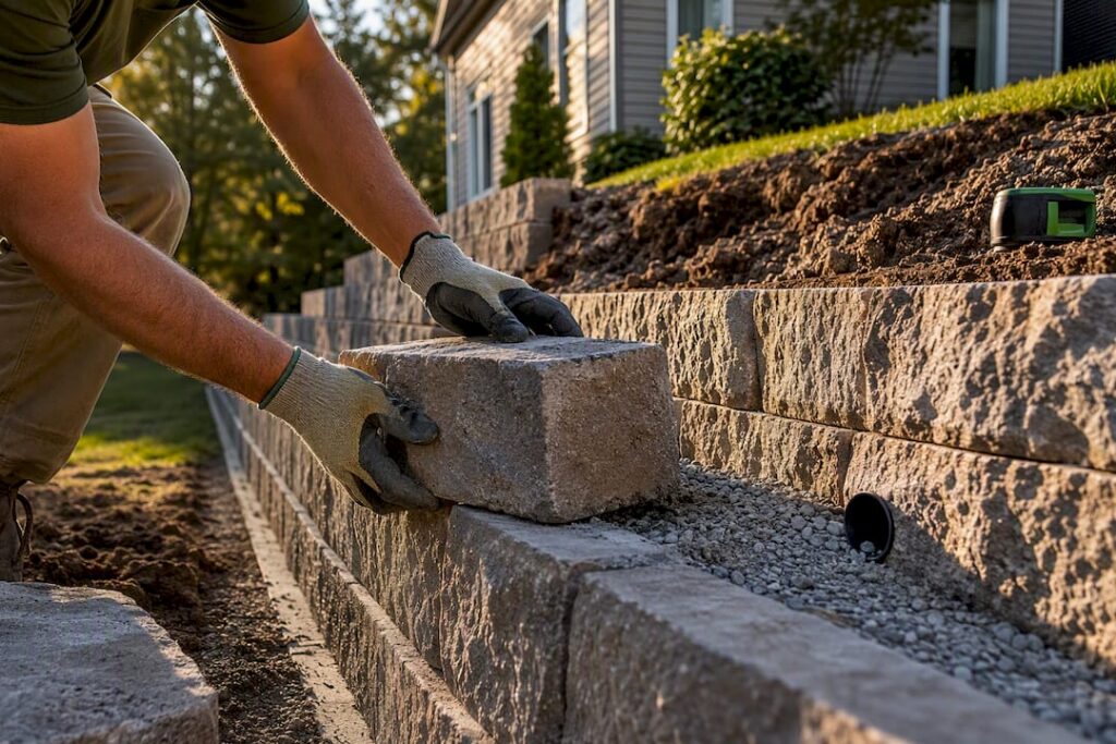 Gloved hands setting a retaining wall block