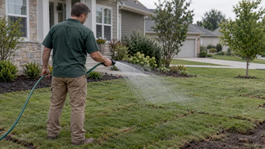 Homeowner watering freshly installed sod