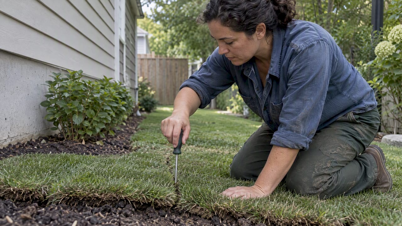 Homeowner testing sod watering depth