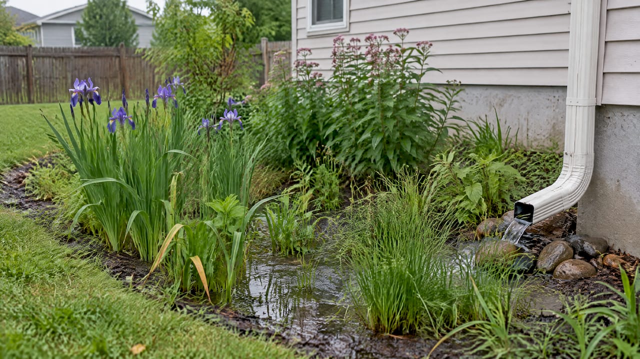 Rain garden basin with native wetland plants