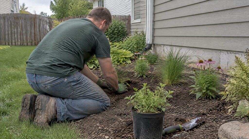 Homeowner planting native low maintenance garden