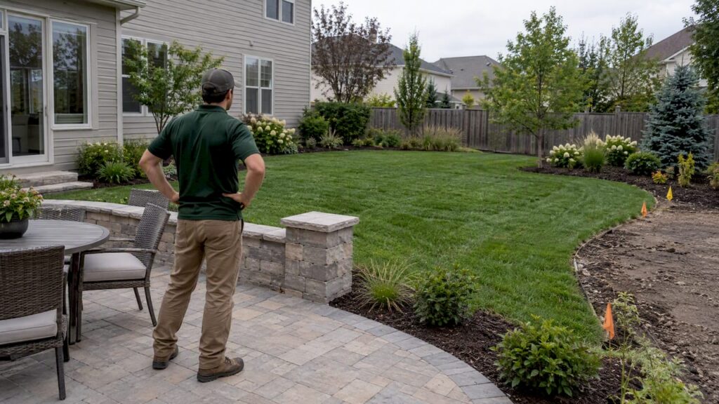Phased backyard landscape with patio and planting zones