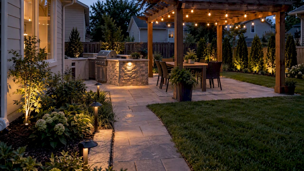 Backyard patio with path accent and string lighting