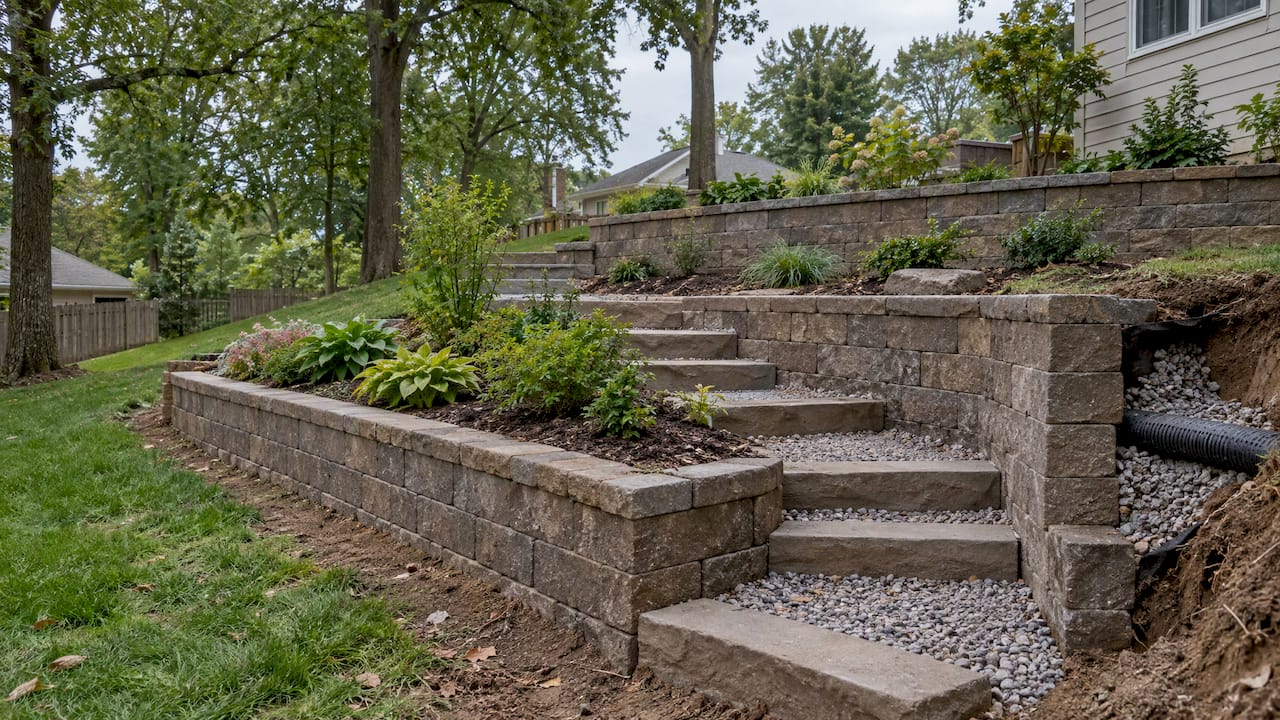 Terraced backyard with retaining walls and steps