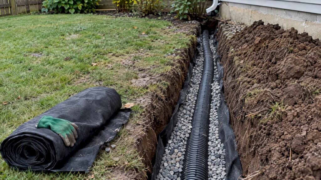 French drain trench with pipe and gravel